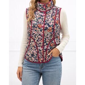 NWT Dokotoo Floral Quilted Puffer Vest Navy Burgundy Trim Snap Front Sz XL